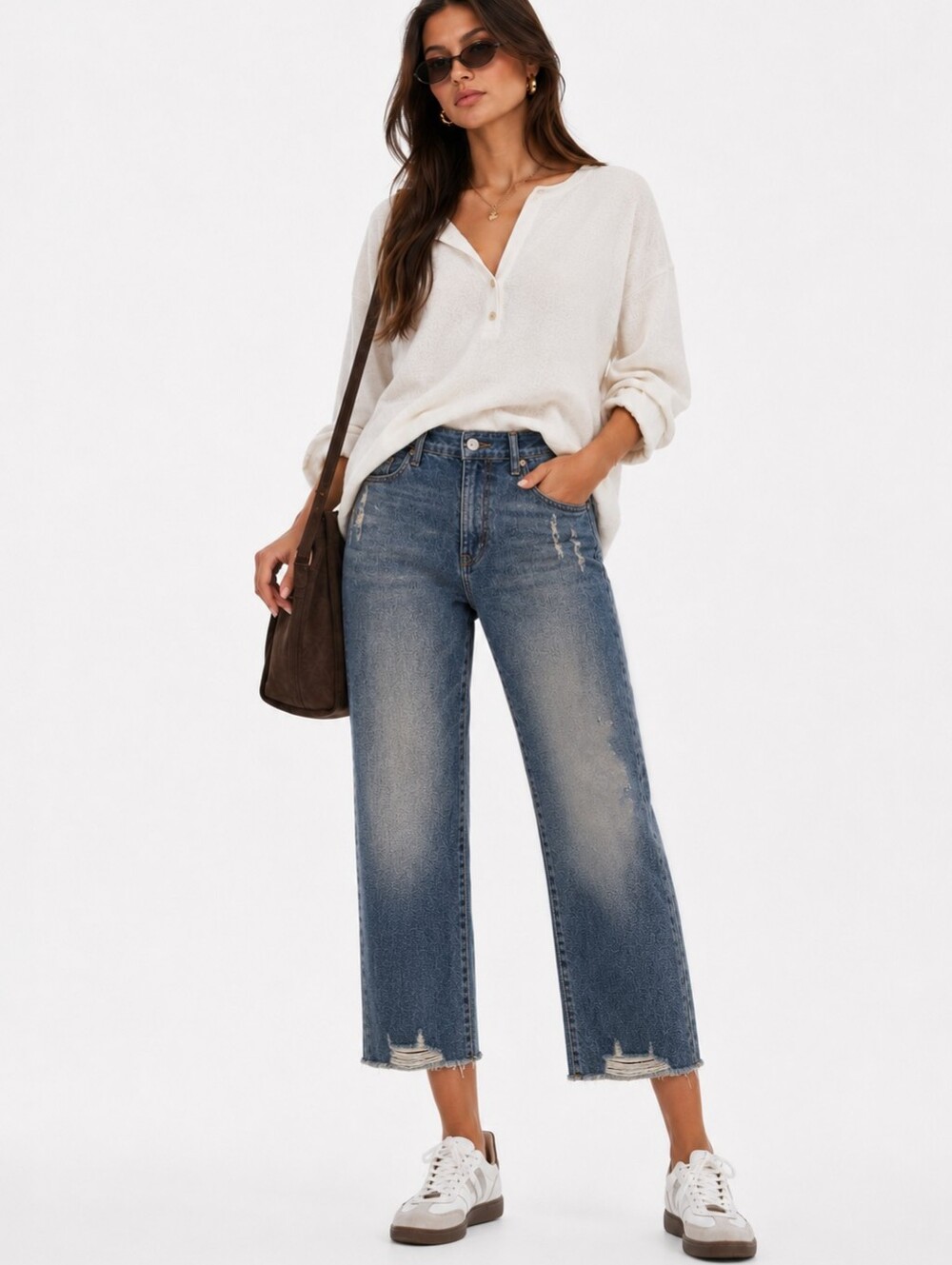 Women's Casual High Rise Straight Crop Jeans  Distressed Raw Hem Denim Trendy